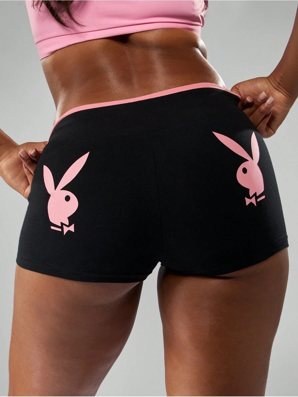 NWT PLAYBOY x Missguided Black Athletic Shorts with Pink Bunny Logos Sz S